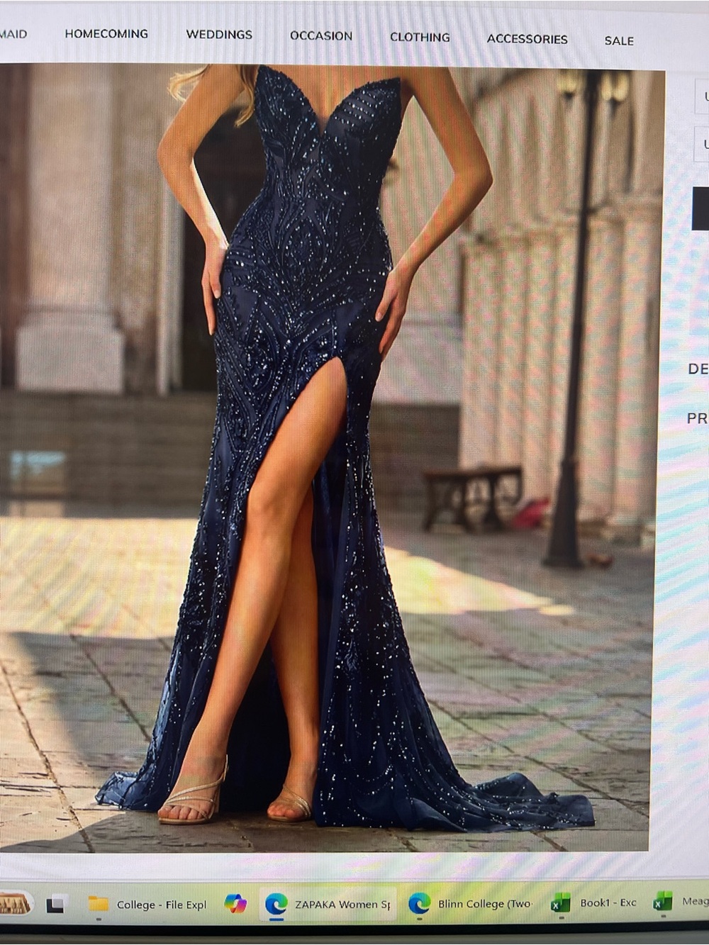 Zapaka Golden Mermaid Sweetheart Beaded Pearls Long Prom Dress with Slit